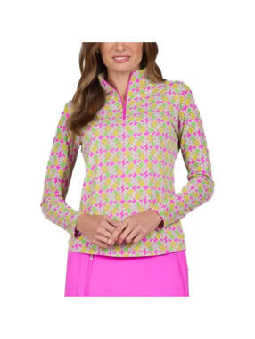 IBKUL Women's LARGE Chantal Print Long Sleeve Mock Neck Golf Top w/ Pineapples